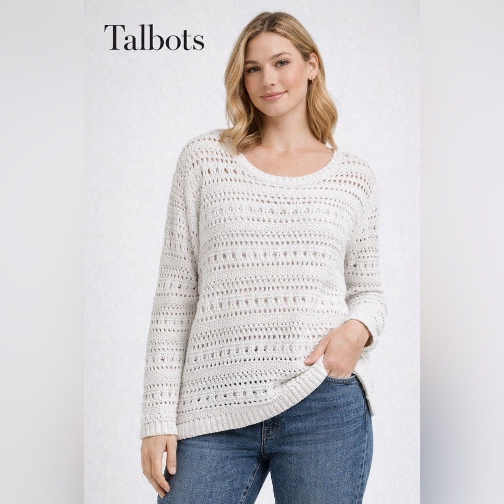 Talbots Womens S White Open Knit Sweater Pullover Long Sleeve Cotton Boho Airy